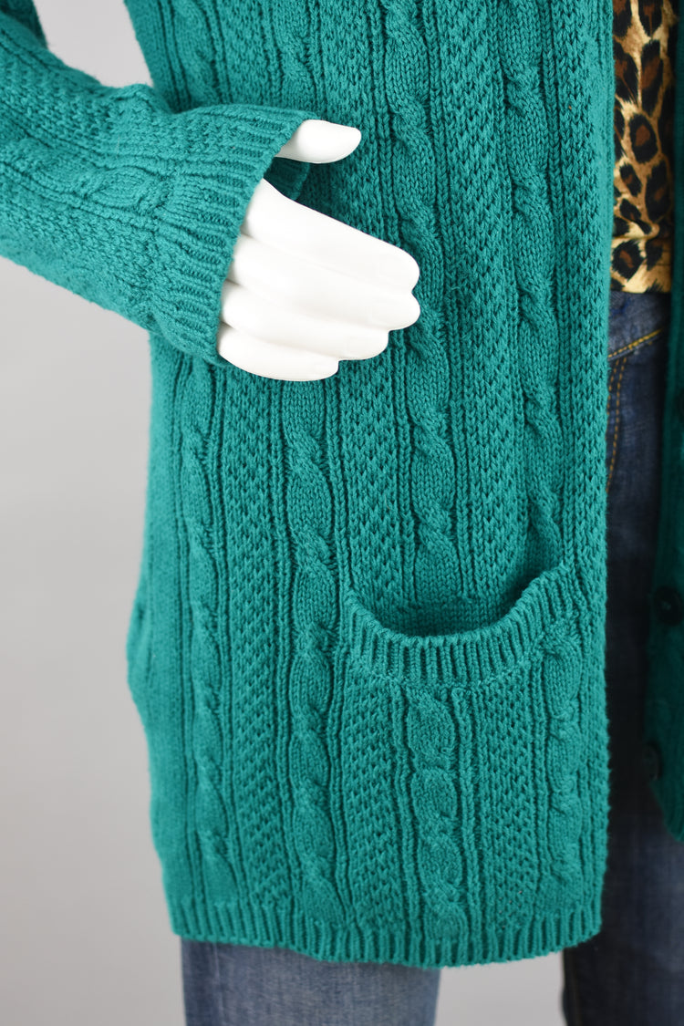 80s Green Chunky Cable Knit Cardigan Women's Large