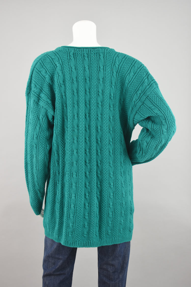 80s Green Chunky Cable Knit Cardigan Women's Large