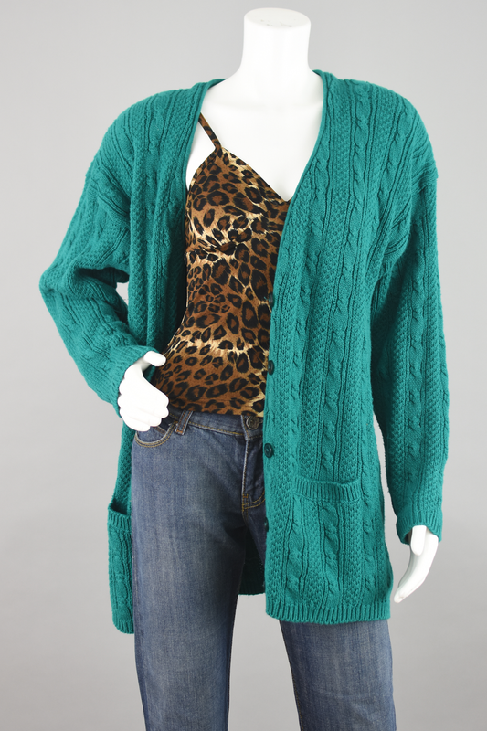 80s Green Chunky Cable Knit Cardigan Women's Large