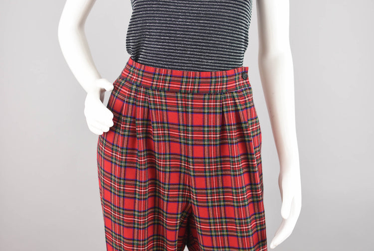 90s Red Plaid Pleated Stirrup Pants, 30" Waistline