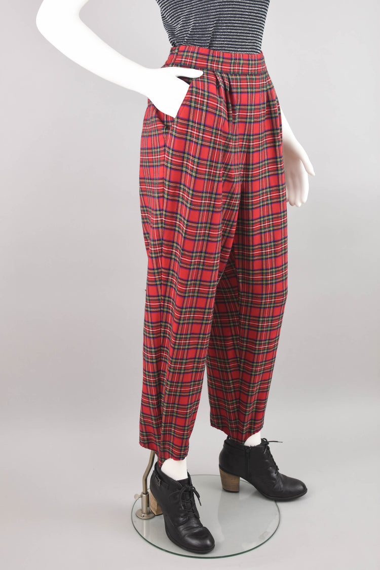 90s Red Plaid Pleated Stirrup Pants, 30" Waistline