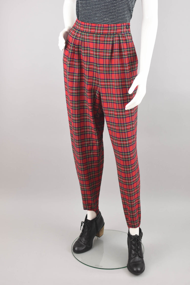 90s Red Plaid Pleated Stirrup Pants, 30" Waistline