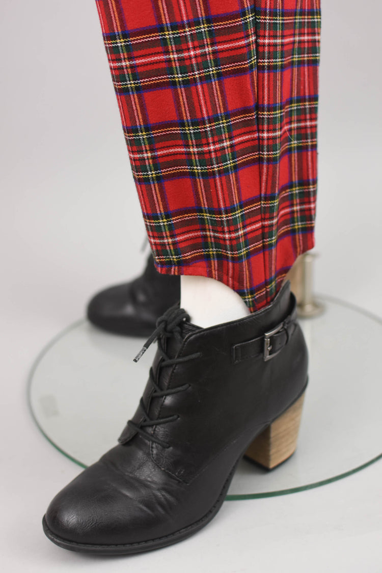 90s Red Plaid Pleated Stirrup Pants, 30" Waistline