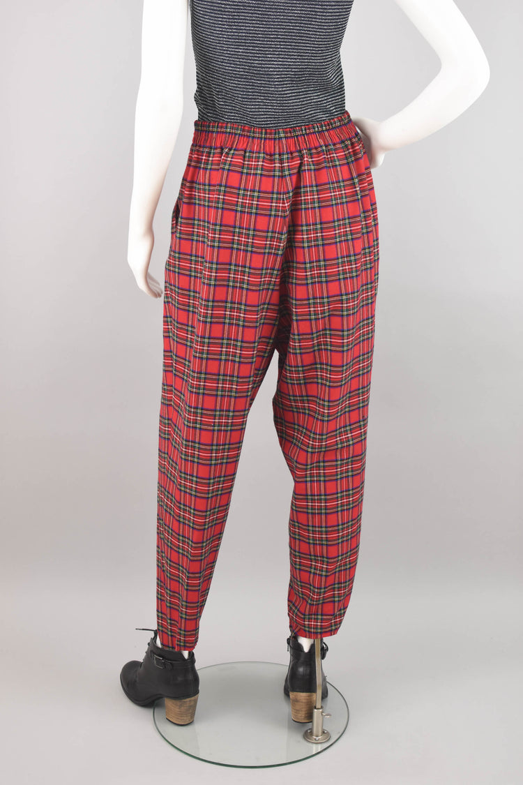 90s Red Plaid Pleated Stirrup Pants, 30" Waistline