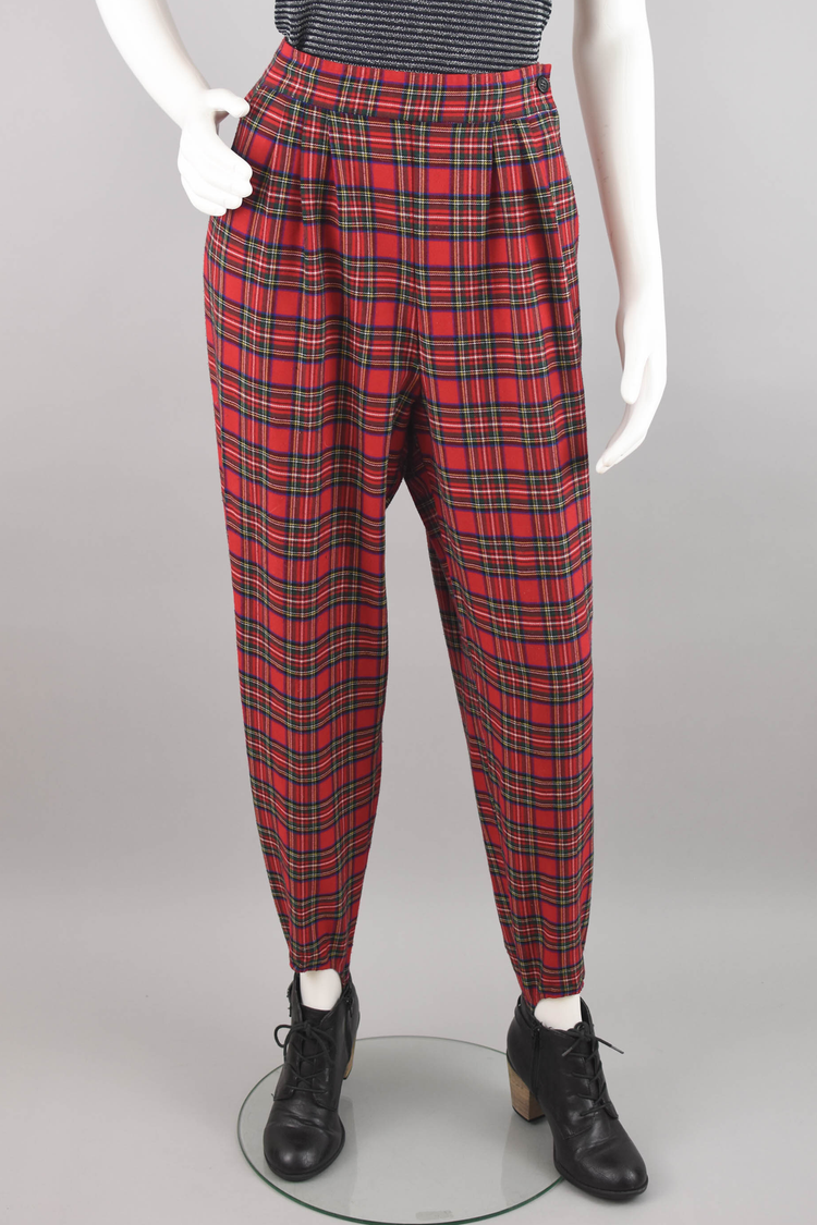 90s Red Plaid Pleated Stirrup Pants, 30" Waistline