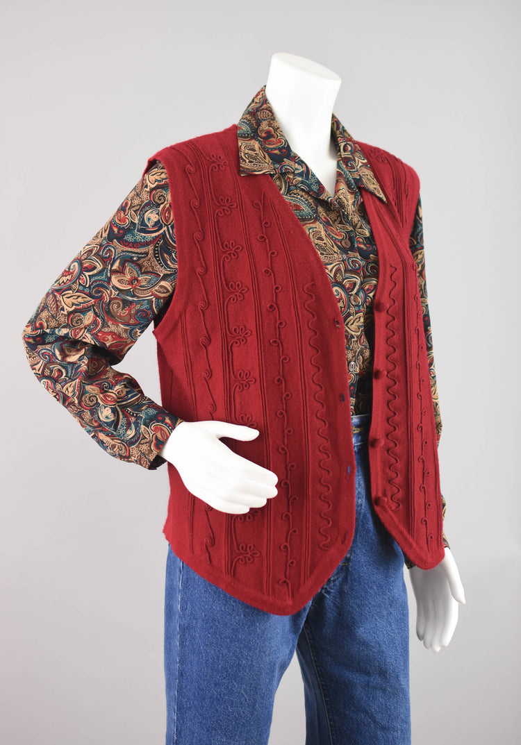 Vintage Red Embroidered Wool Blend Sweater Vest, Women's Small