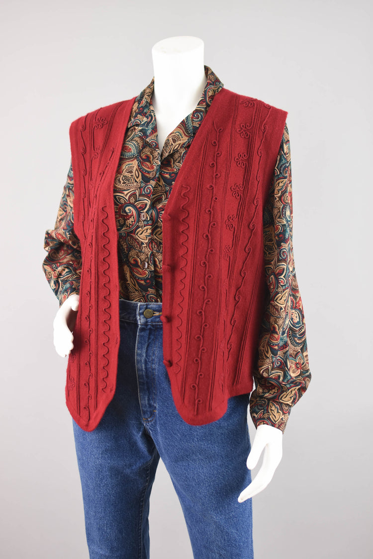 Vintage Red Embroidered Wool Blend Sweater Vest, Women's Small