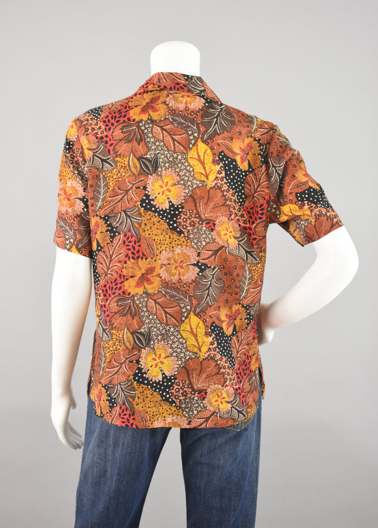 Vintage Brown Leaf Print Silk  Button Down Top Women's Medium