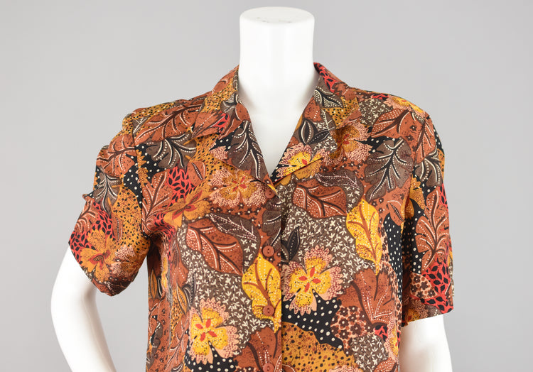 Vintage Brown Leaf Print Silk  Button Down Top Women's Medium