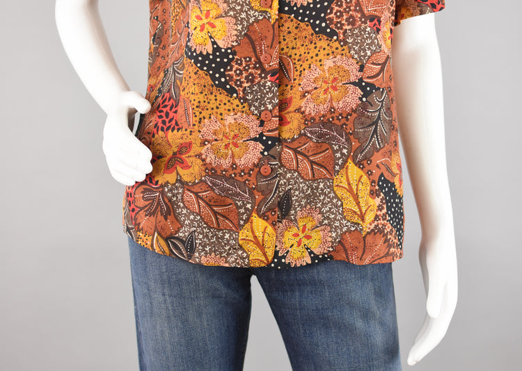 Vintage Brown Leaf Print Silk  Button Down Top Women's Medium