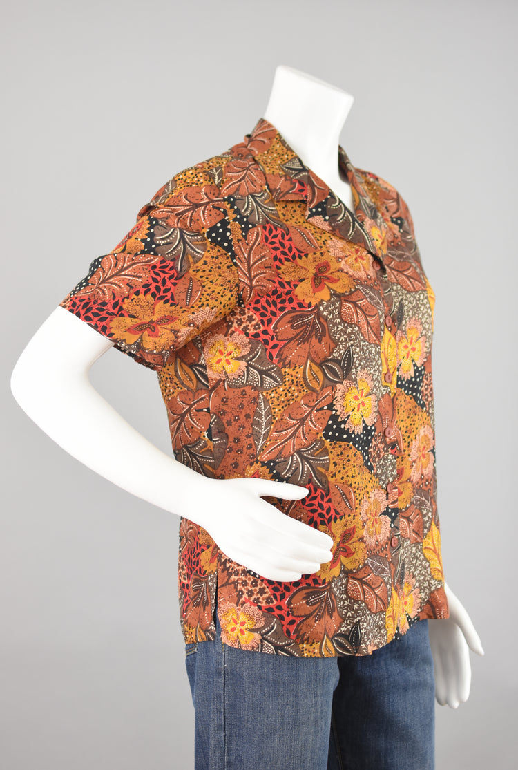 Vintage Brown Leaf Print Silk  Button Down Top Women's Medium