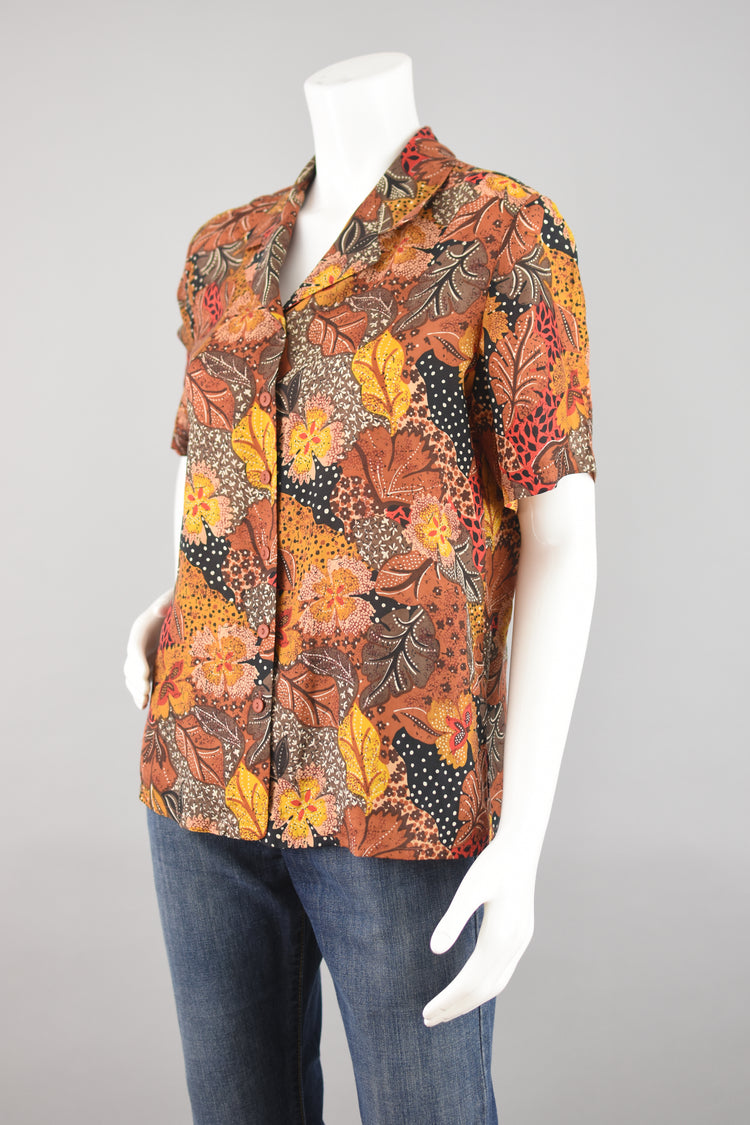 Vintage Brown Leaf Print Silk  Button Down Top Women's Medium