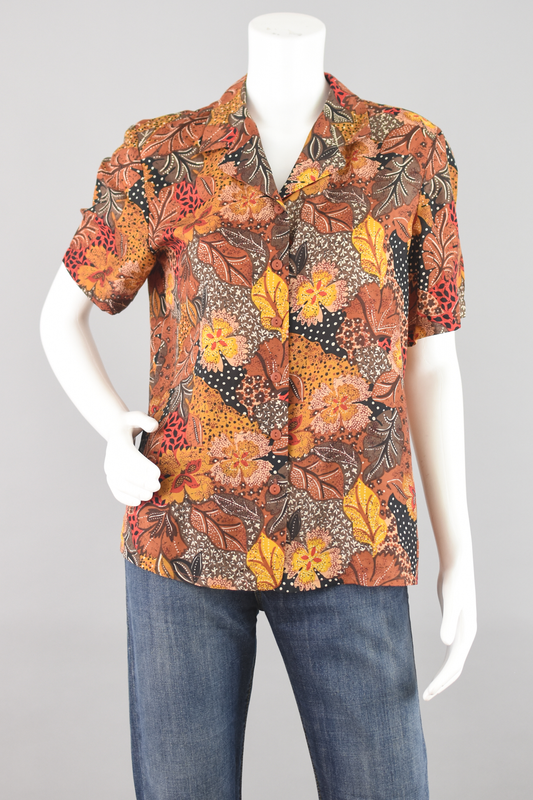 Vintage Brown Leaf Print Silk  Button Down Top Women's Medium