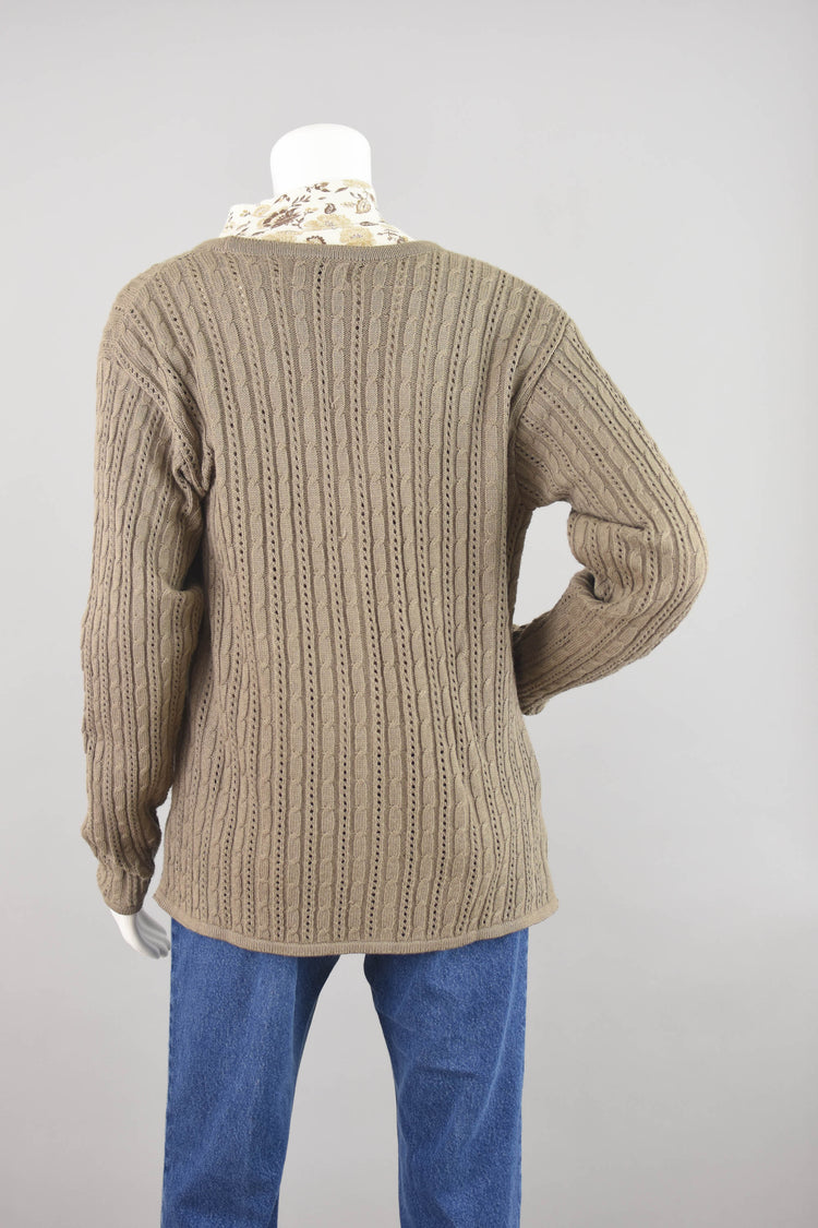 90s Brown Cable Knit Boho Cardigan, Women's Large