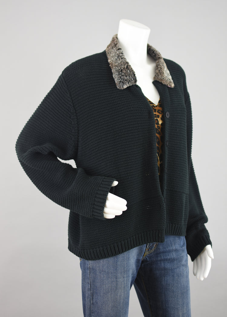 90s Black Crochet Knit Cardigan with Chenille Collar Women's Extra Large