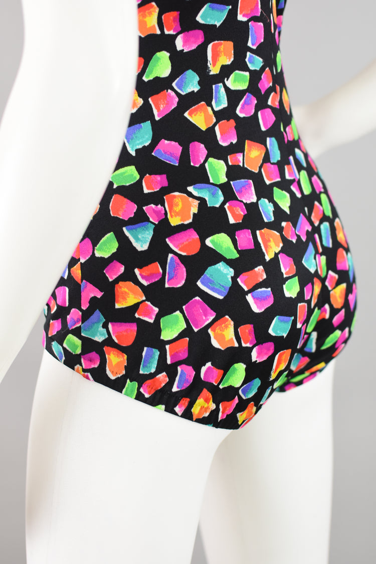 80s Maxine of Hollywood Black and Pink Retro Print Swimsuit