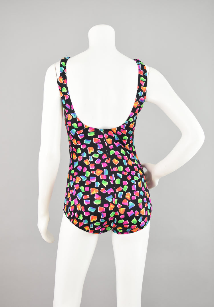 80s Maxine of Hollywood Black and Pink Retro Print Swimsuit