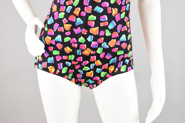 80s Maxine of Hollywood Black and Pink Retro Print Swimsuit