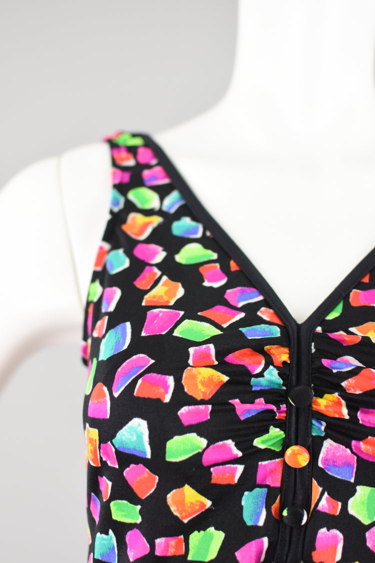 80s Maxine of Hollywood Black and Pink Retro Print Swimsuit