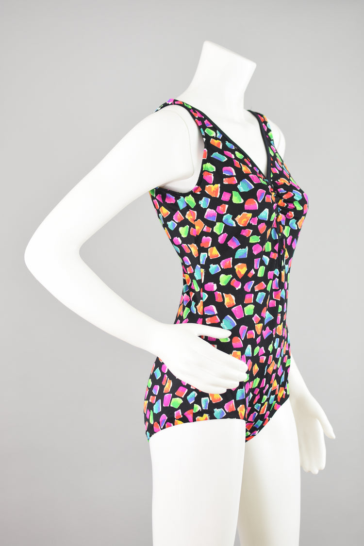 80s Maxine of Hollywood Black and Pink Retro Print Swimsuit