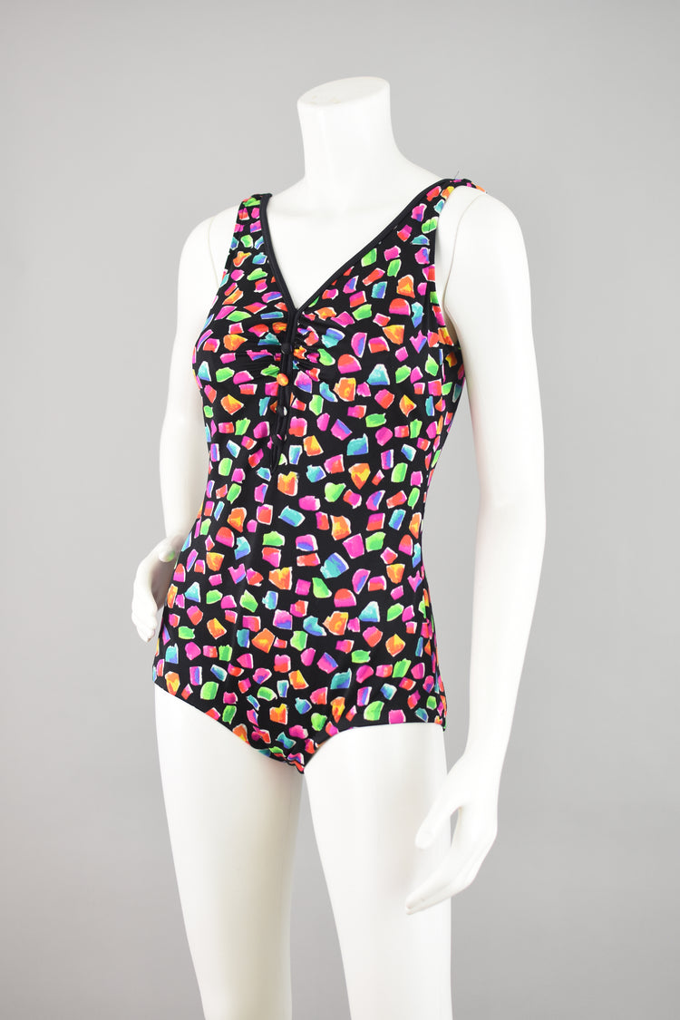 80s Maxine of Hollywood Black and Pink Retro Print Swimsuit