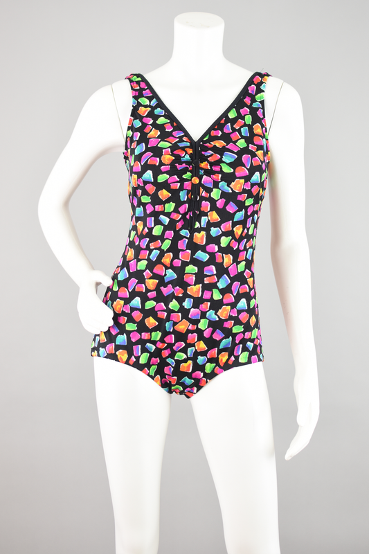 80s Maxine of Hollywood Black and Pink Retro Print Swimsuit