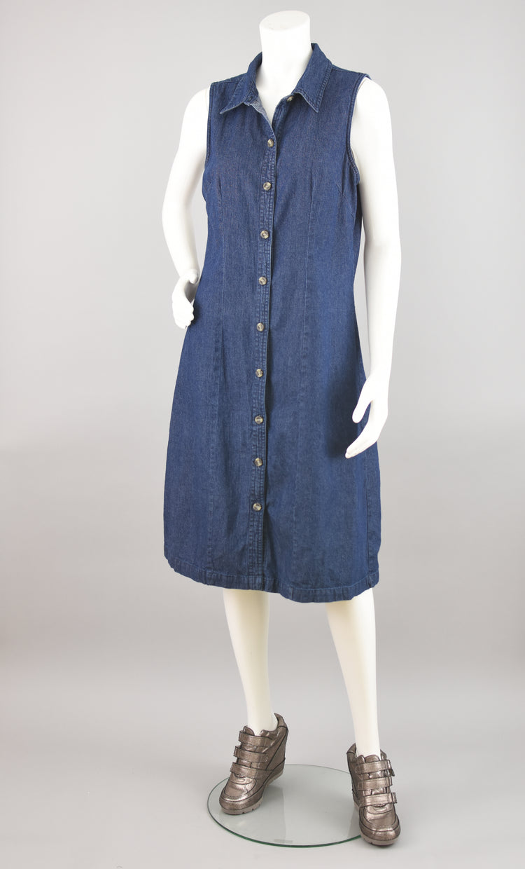 90s Sleeveless Midi Button Down Jean Dress, Women's Size 10