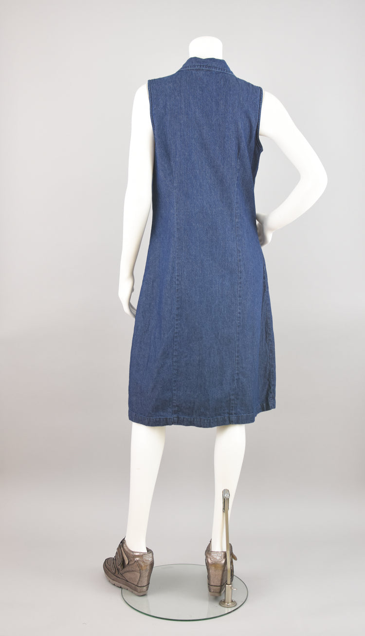 90s Sleeveless Midi Button Down Jean Dress, Women's Size 10