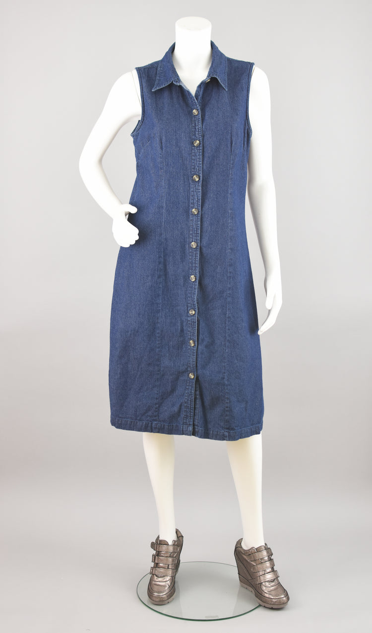 90s Sleeveless Midi Button Down Jean Dress, Women's Size 10