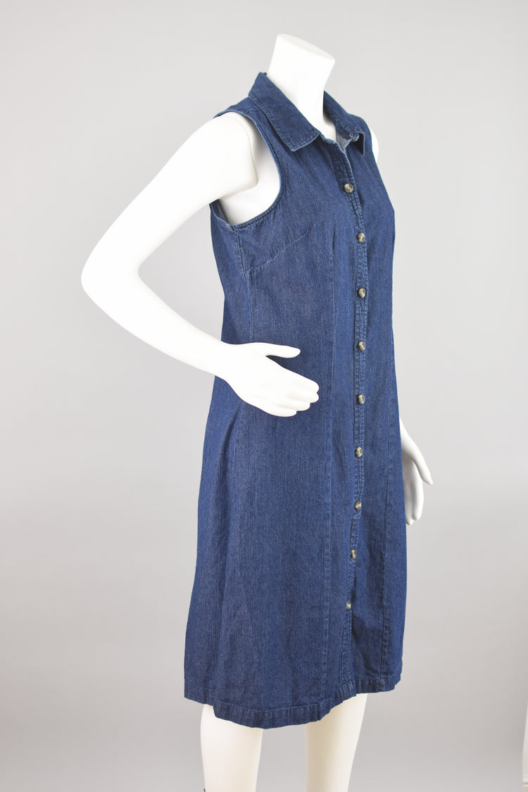 90s Sleeveless Midi Button Down Jean Dress, Women's Size 10