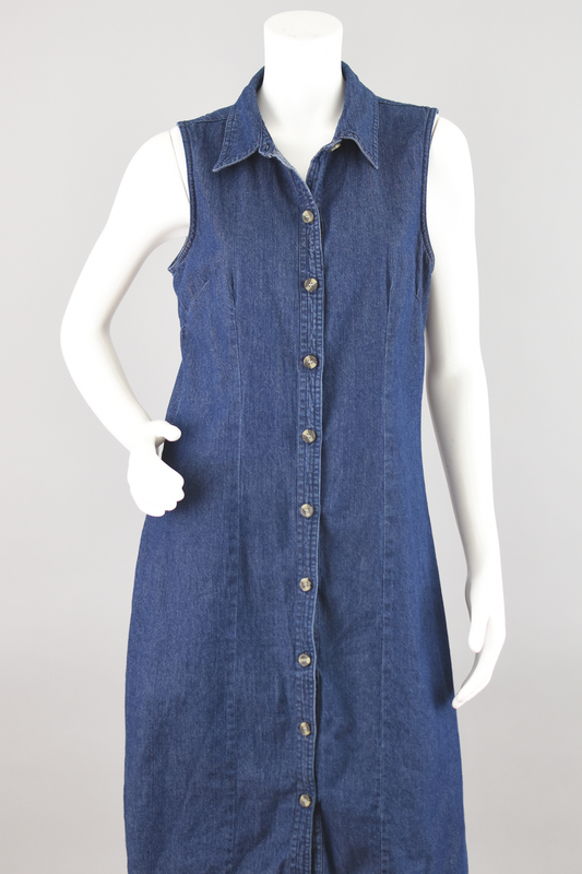 90s Sleeveless Midi Button Down Jean Dress, Women's Size 10