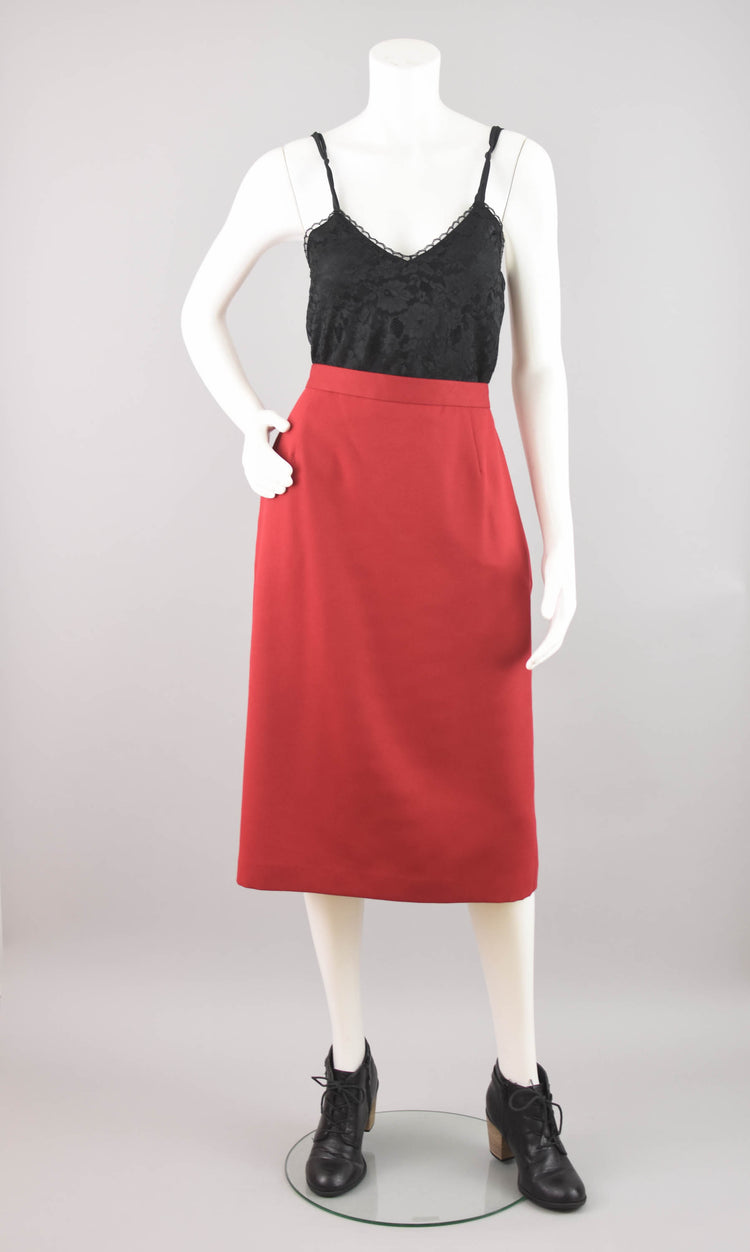 80s High Waisted Red Wool Pencil Skirt, Women's 30" Waistline