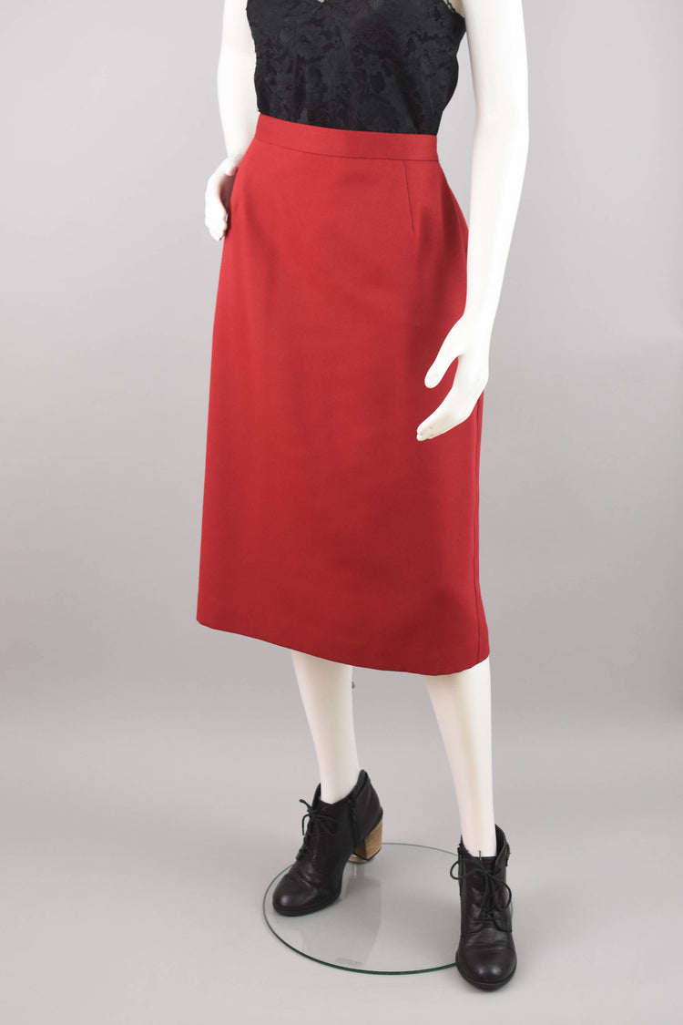 80s High Waisted Red Wool Pencil Skirt, Women's 30" Waistline