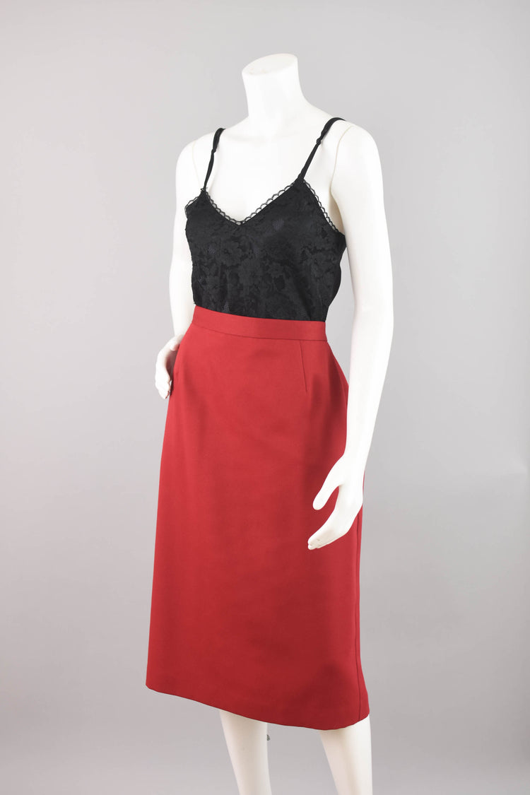 80s High Waisted Red Wool Pencil Skirt, Women's 30" Waistline