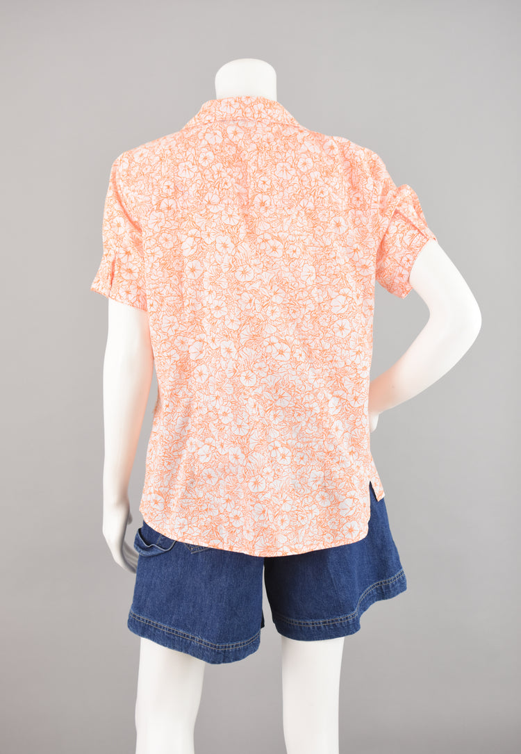 Y2K Orange Floral Print Short Sleeve Blouse, Women's Extra Large