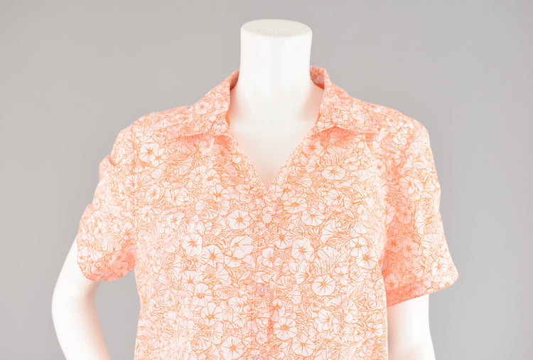 Y2K Orange Floral Print Short Sleeve Blouse, Women's Extra Large