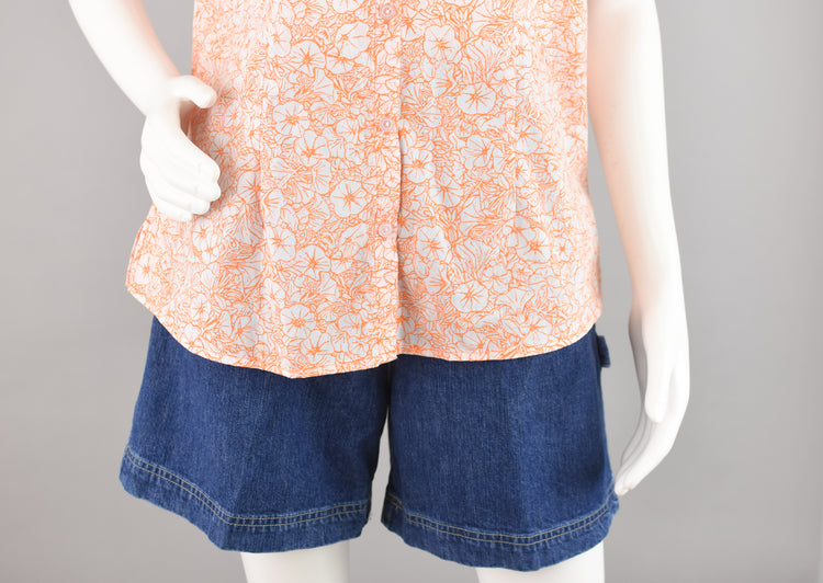 Y2K Orange Floral Print Short Sleeve Blouse, Women's Extra Large