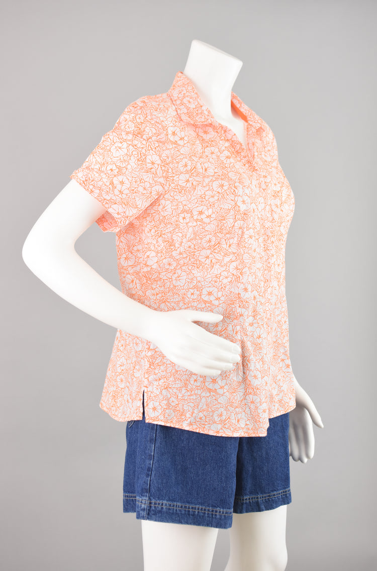 Y2K Orange Floral Print Short Sleeve Blouse, Women's Extra Large