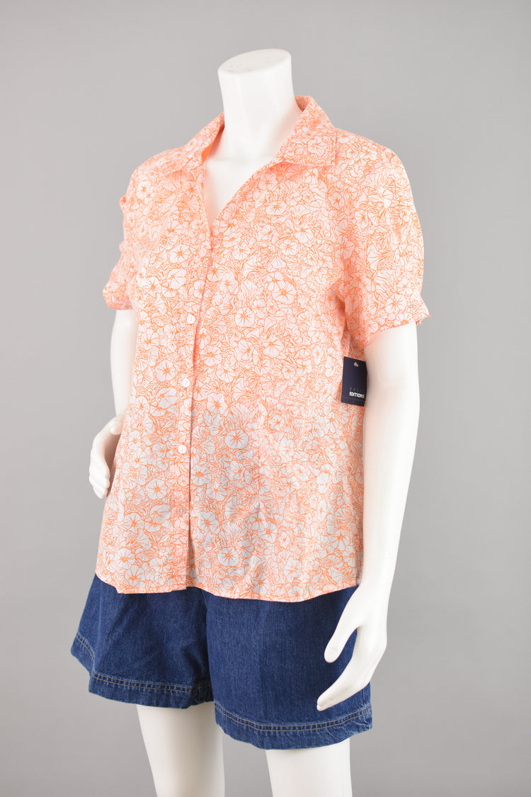 Y2K Orange Floral Print Short Sleeve Blouse, Women's Extra Large