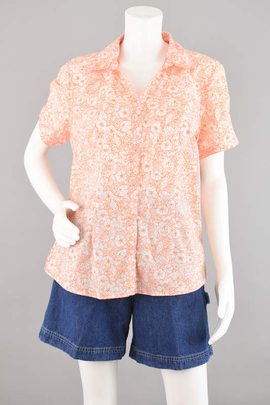 Y2K Orange Floral Print Short Sleeve Blouse, Women's Extra Large