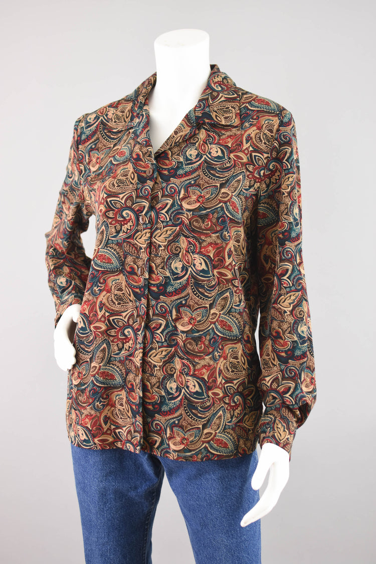 Vintage Paisley Print Long Sleeve Blouse, Women's Size 10