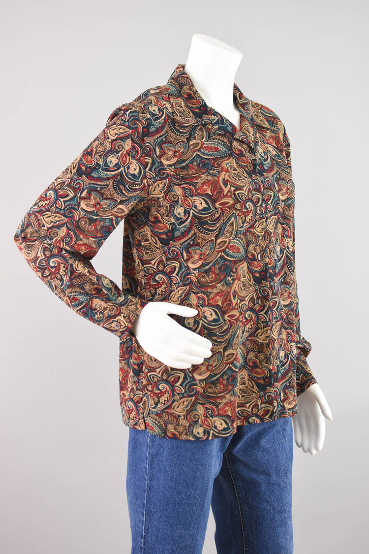 Vintage Paisley Print Long Sleeve Blouse, Women's Size 10