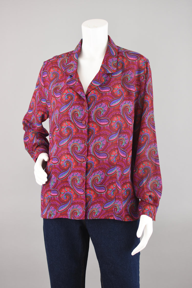 80s Paisley Print Semi Sheer Magenta Long Sleeve Blouse, Women's Plus Size 14