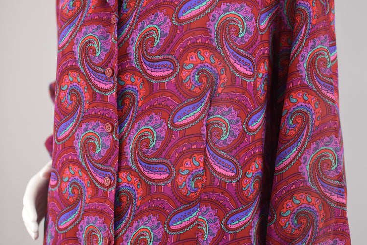 80s Paisley Print Semi Sheer Magenta Long Sleeve Blouse, Women's Plus Size 14