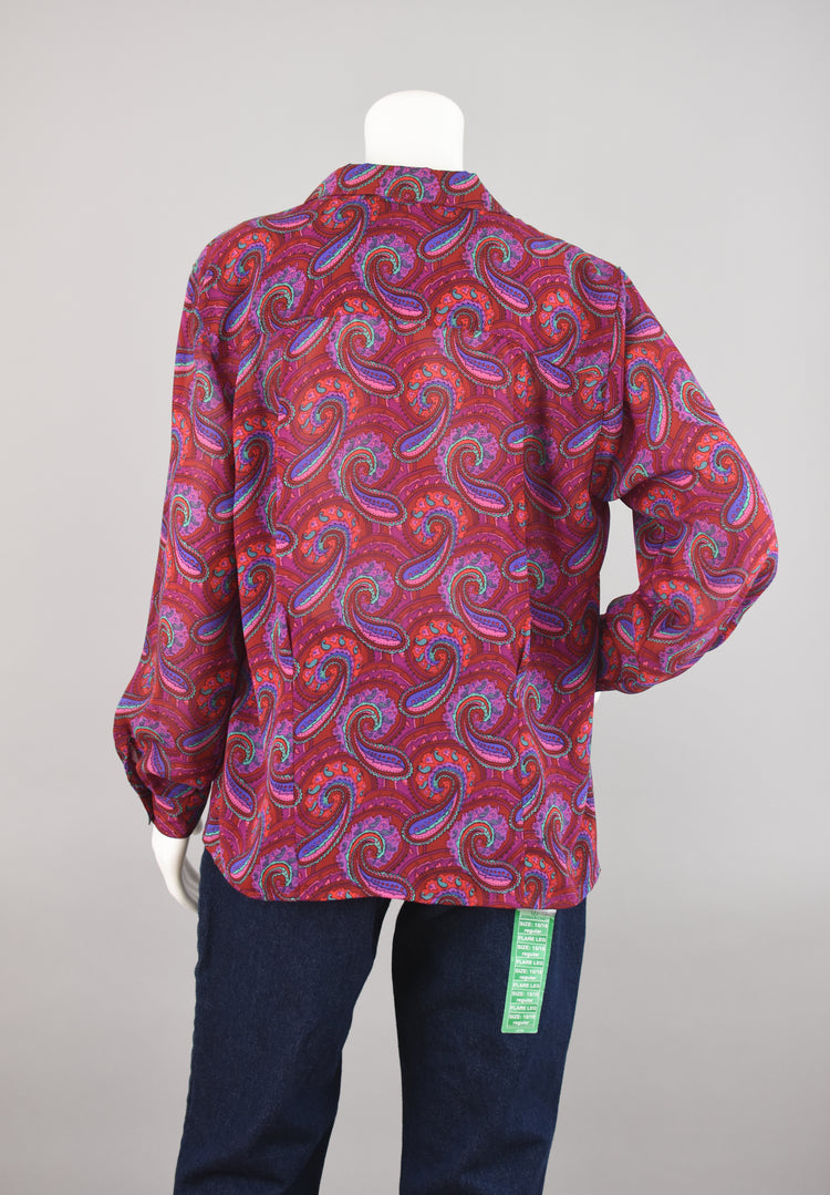 80s Paisley Print Semi Sheer Magenta Long Sleeve Blouse, Women's Plus Size 14