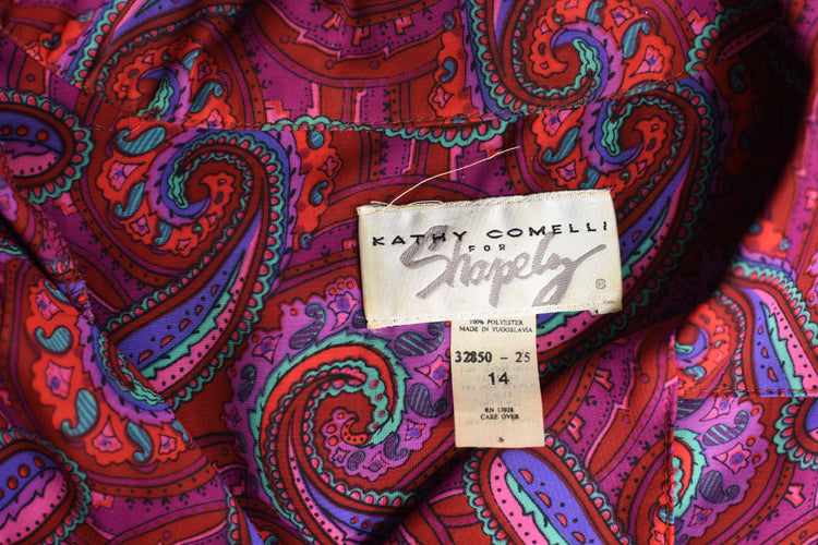 80s Paisley Print Semi Sheer Magenta Long Sleeve Blouse, Women's Plus Size 14