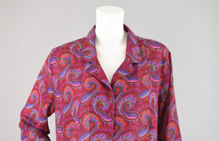 80s Paisley Print Semi Sheer Magenta Long Sleeve Blouse, Women's Plus Size 14