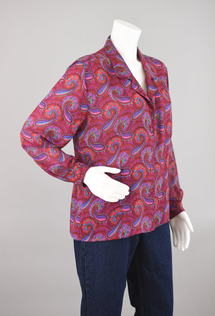 80s Paisley Print Semi Sheer Magenta Long Sleeve Blouse, Women's Plus Size 14