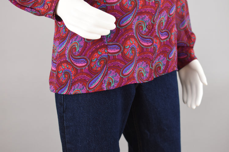 80s Paisley Print Semi Sheer Magenta Long Sleeve Blouse, Women's Plus Size 14