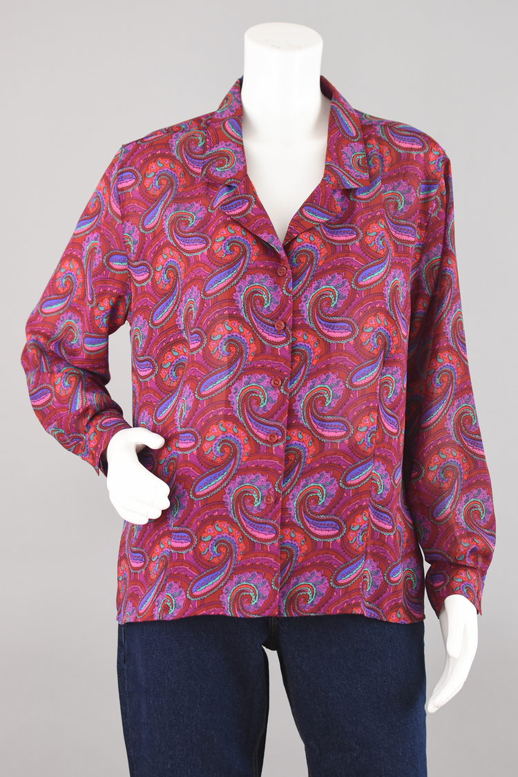 80s Paisley Print Semi Sheer Magenta Long Sleeve Blouse, Women's Plus Size 14